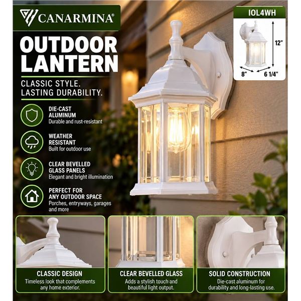 Canarm Outdoor Wall Lantern, White, Glass Panels