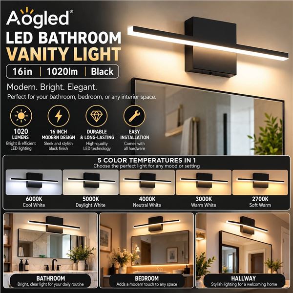 Aogled 19W LED Bathroom Vanity Light Black
