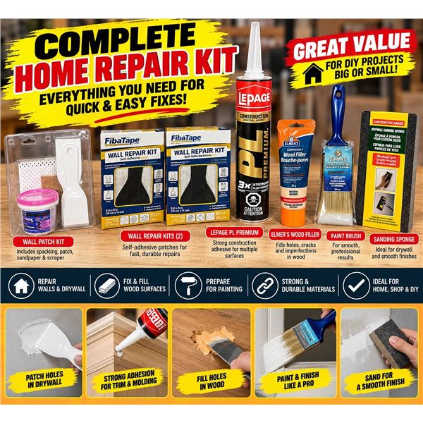 Wall Repair Kits, Filler, Sanding, Brush Lot