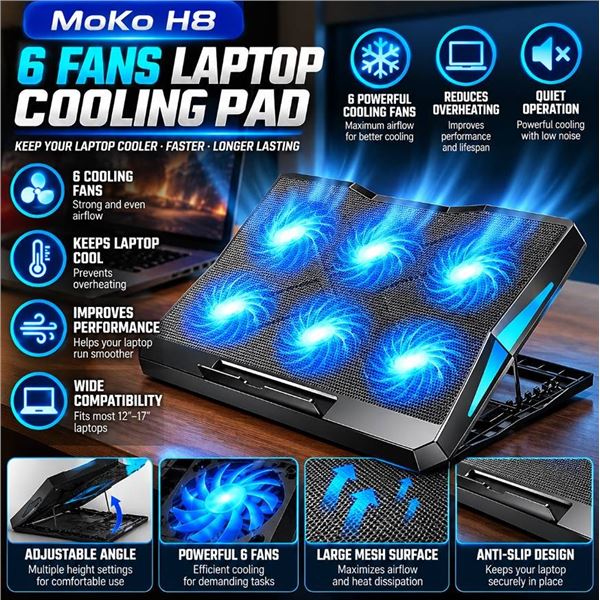 MoKo H8 6-Fan Laptop Cooling Pad Black