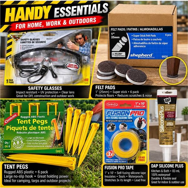 Safety Glasses, Tent Pegs, Felt Pads, Tape, Sealant