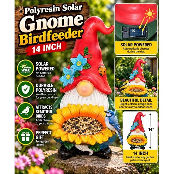 Polyresin Solar Gnome Birdfeeder 14 Inch
