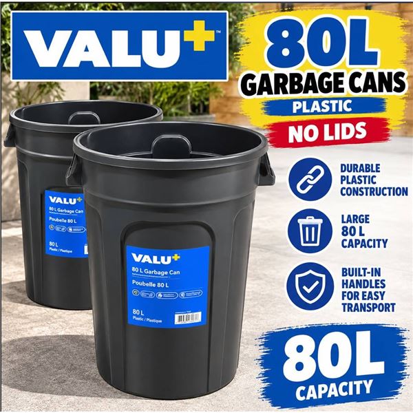 Lot of 2 - VALU+ 80L Garbage Cans, No Lids, Plastic