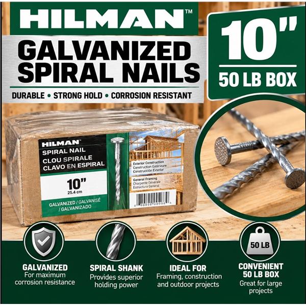 Hilman 10" Galvanized Spiral Nails 50 lb Box