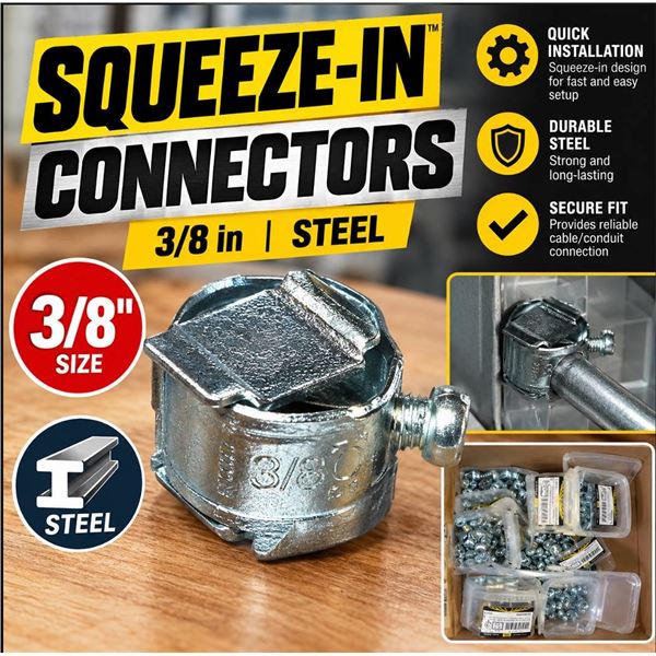 Box Lot of Squeeze-In Connectors, 3/8", Steel