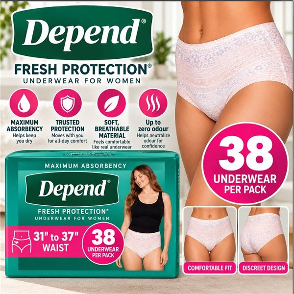 Depend Fit-Flex Women M Maximum, Lot of 2, 38 Ct Per Pack 31-37" Waist