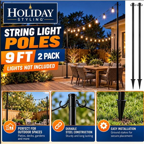 Holiday Styling String Light Poles, 9ft, 2pk *Lights Not Included*
