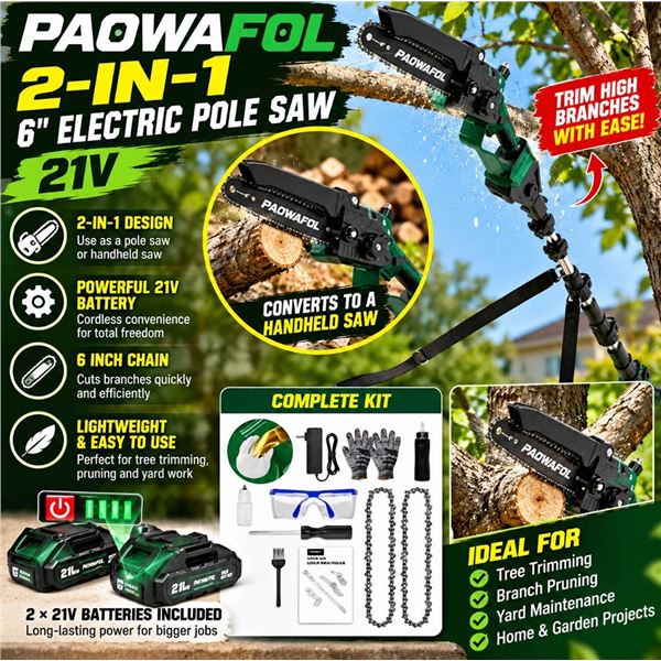 PAOWAFOL 2-in-1 6" Electric Pole Saw, 21V