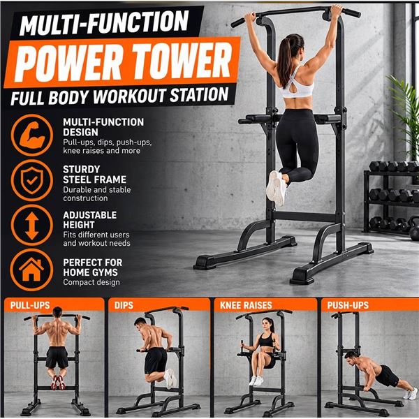 Power Tower Dip Station Pull Up Bar for Home Gym Adjustable Height Strength Training Workout Equipme