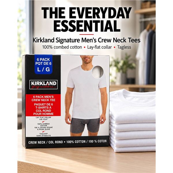 Kirkland 6 Pack Men's Crew Neck Tees L 100% Cotton