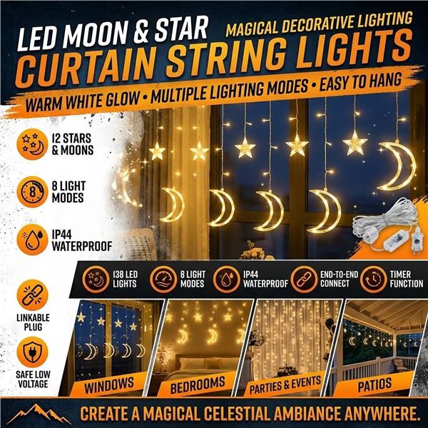 LED Star and Moon String Lights, Window Decor