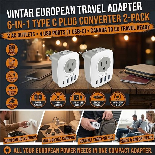 VINTAR European Plug Adapter 2-Pack, USB C Ports
