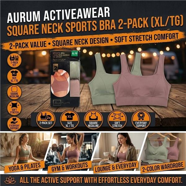 Aurum Sports Bra 2-Pack XL Square Neck Design