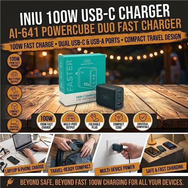 INIU 100W USB-C Charger PowerCube Duo