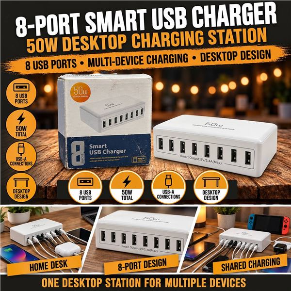 ILepo 8-Port 50W Smart USB Charger White