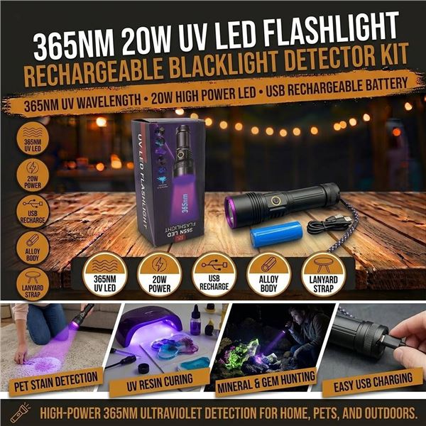 20W 365nm UV LED Flashlight Kit Rechargeable