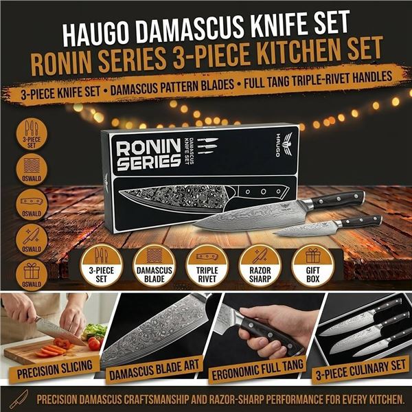 Haugo Ronin Series Damascus Knife Set 3pc