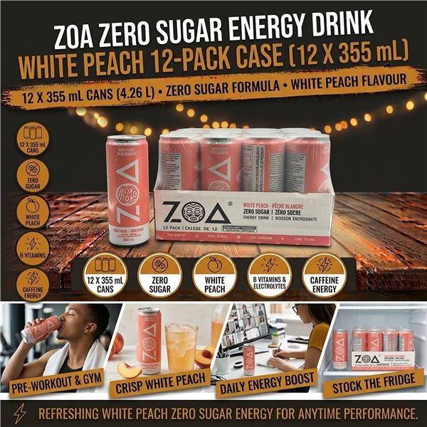 ZOA White Peach Zero Sugar Energy Drink 12x355ml