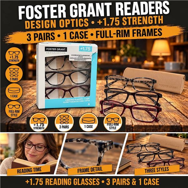 Foster Grant Reading Glasses Set +1.75, 3-Pack