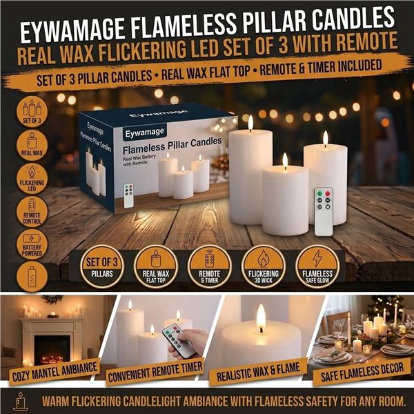 Eywamage Flameless LED Pillar Candles Set/3