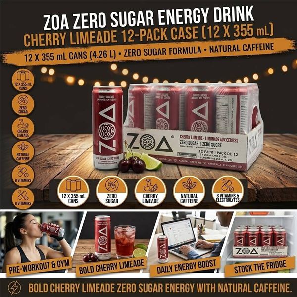 Zoa Cherry Limeade Energy Drink 12x355mL Zero Sugar