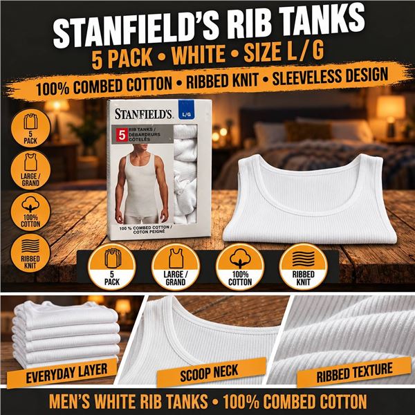 Stanfield's 5-Pack Rib Tanks Size L 100% Cotton