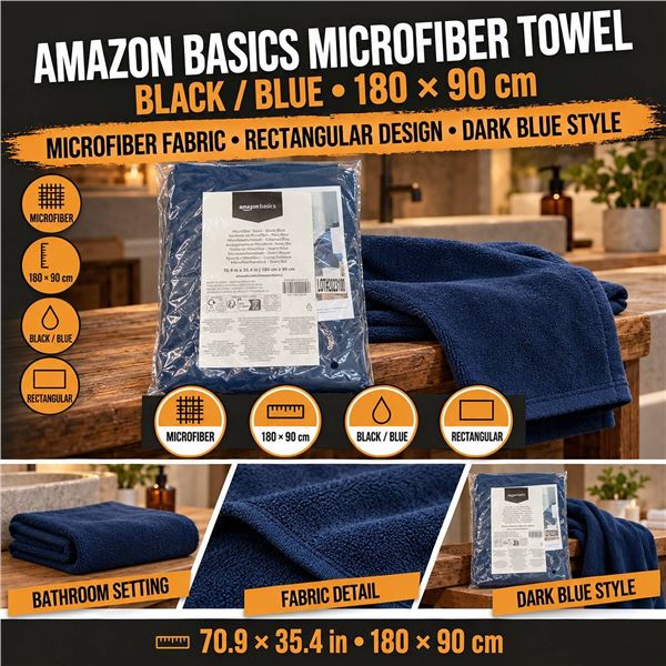 Amazon Basics Microfiber Towel Black/Blue 180x90cm