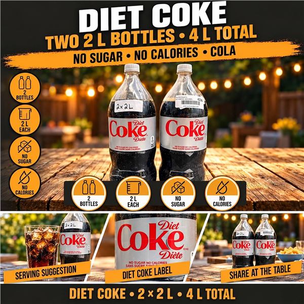 Diet Coke 2x2L Bottles, Plastic, Sealed