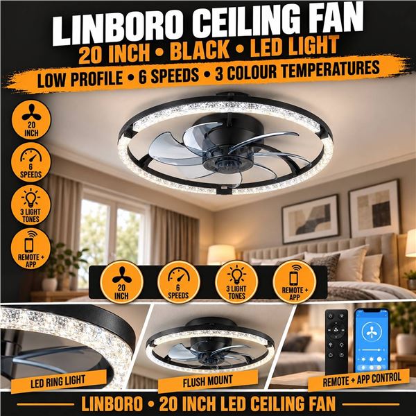 Linboro 20" LED Ceiling Fan, Black, Remote