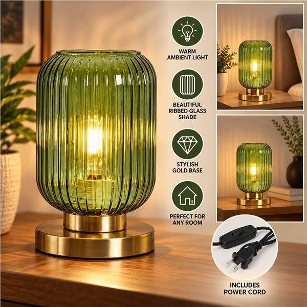 Feasey Green Glass Table Lamp, Dimmable Plug-In