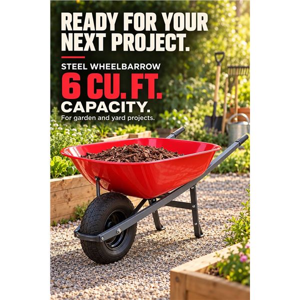 Steel Wheelbarrow 6 Cu Ft Red 3 Parts