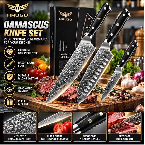 Haugo Ronin Damascus 3pc Knife Set G10 Handle
