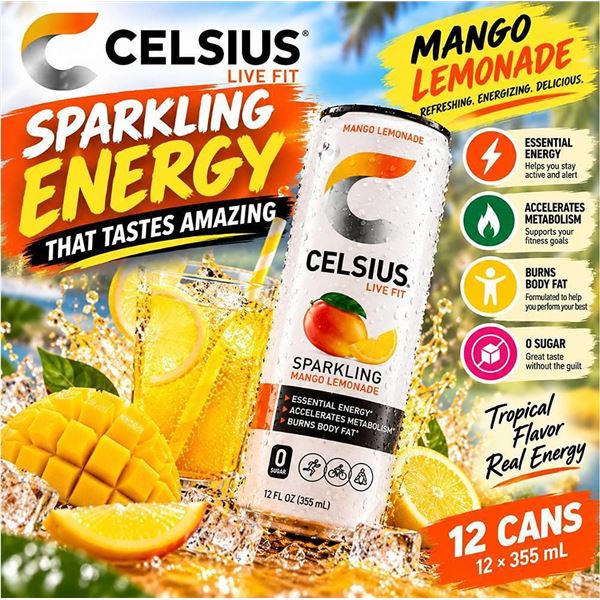 Celsius Mango Lemonade 355ml, 12-Pack
