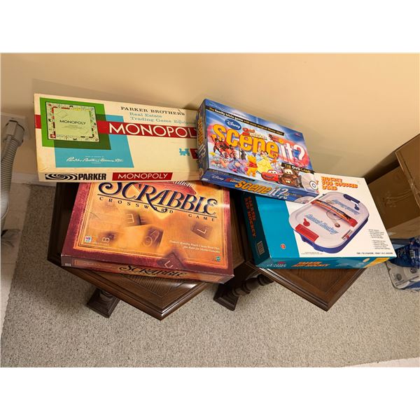 Smash air hockey deluxe, Scrabble, Disney scene and Monopoly games