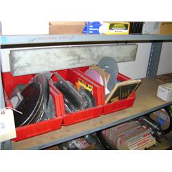 CONTENTS OF SHELF--MIXED GRINDING WHEELS AND SAW BLADES