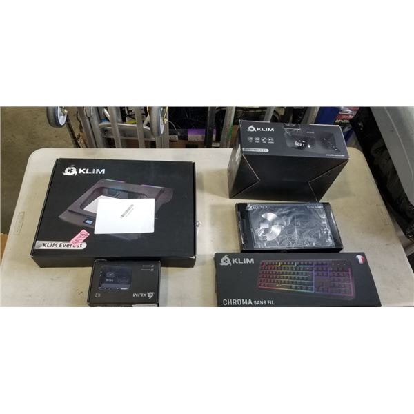 KLIM ITEMS INCLUDING EVEREST  LAPTOP COOLER, BOOMBOX, CHROMA KEYBOARD SANS FIL, PORTABLE CD PLAYER, 