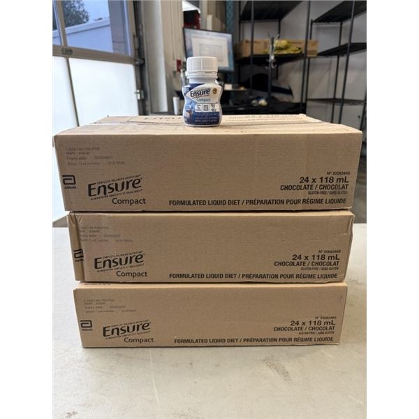 3 NEW SEALED CASES ENSURE COMPACT SUPPLEMENT DRINKS, 24 BOTTLES PER CASE, 72 BOTTLES TOTAL - CHOCOLA