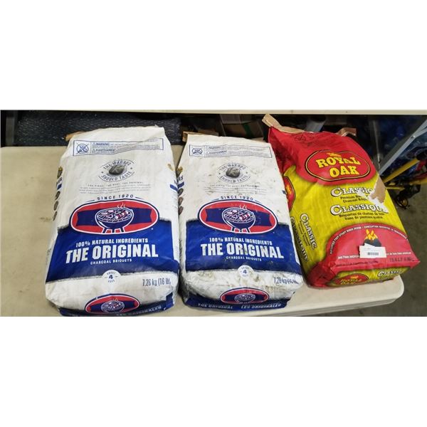 3 BAGS OF CHARCOAL BRIQUETS, ROYAL OAK AND KINGSFORD