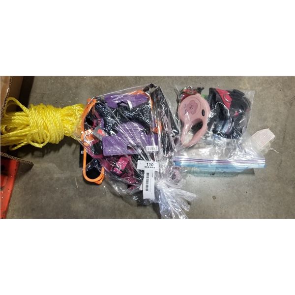 TRAY OF DOG ITEMS INCLUDING 4 DOG HARNESSES, DOG LEASHES AND HAIR CLIPS