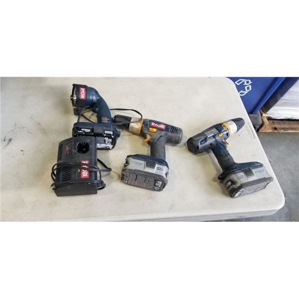 2 ROBYI DRILLS AND RYOBI LIGHTS WITH CHARGER. WORKING