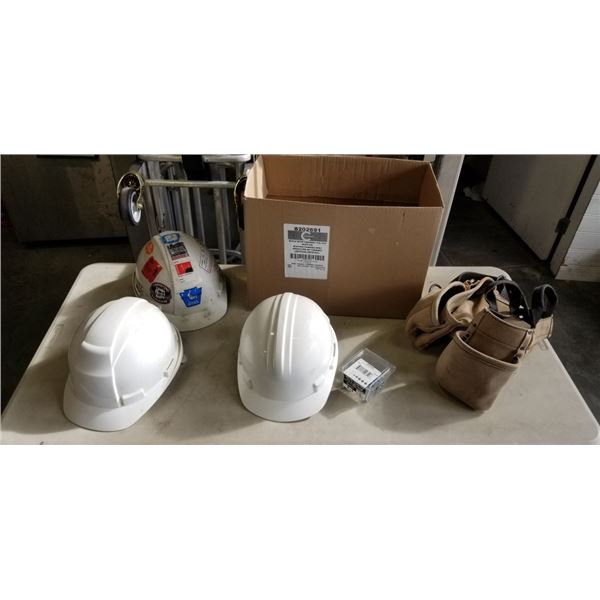 BOX WITH 3 HARDHATS, TOOLBAG, AND BOXES OF SCREWS