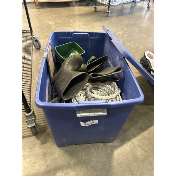 LARGE TOTE OF SAFETY HARNESSES, ROPES, HANDHELD SPREADER, GUM BOOTS ETC