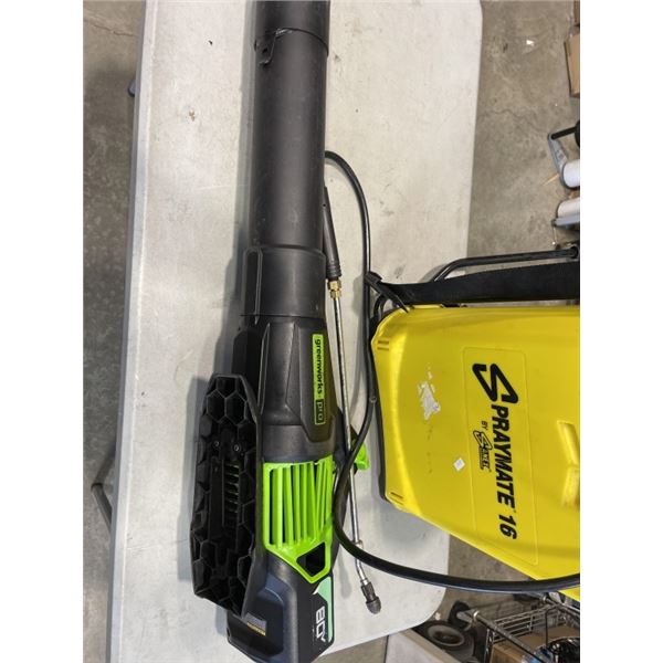 GREENWORKS 80 VOLT CORDLESS BLOWER AND BACKPACK SPRAYER STORE RETURNS FOR PARTS OR REPAIR