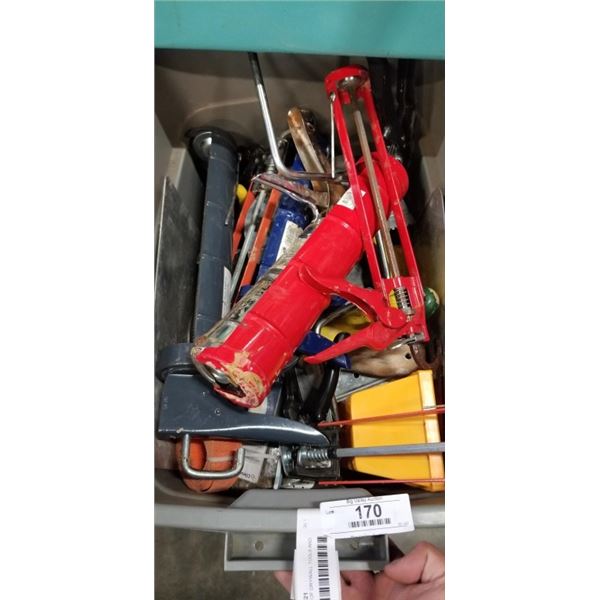 TOTE FULL OF DRYWALL TOOLS AND CAULKING GUNS, ALL IN GOOD CONDITION