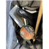 Image 2 : TOTE WITH TOOLS INCLUDING MACHETE, RIDGID TOOL BAG, HATCHET ETC