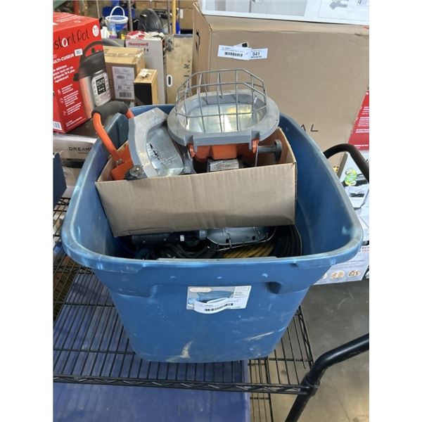 TOTE OF HEAVY DUTY EXTENSION CORDS, WORKLIGHTS ETC