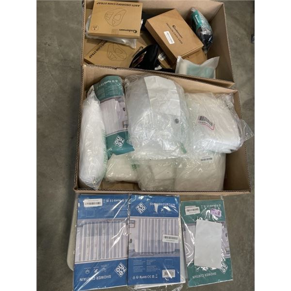 TRAY OF ZENO SHOWER CURTAINS AND TRAY OF ANTI SNORING CHIN STRAPS AND HERNIA BELTS