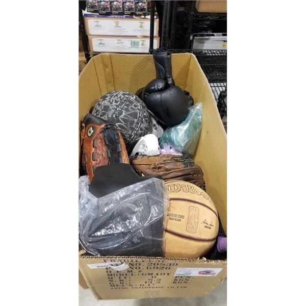 BOX OF SPORTS ITEMS INCLUDING WOODS BACKPACKER 2 PERSON HAMMOCK, 3 BASEBALL GLOVES, 3 BASKETBALLS, B