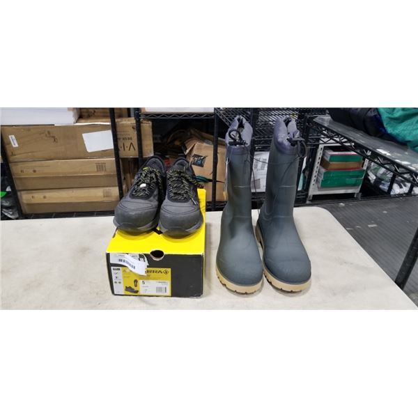 TERRA LITES MENS BLACK RUNNING SHOES, SIZE 5 US, AND NEW OZARK TRAIL MENS RUBBER BOOTS, SIZE 11 US