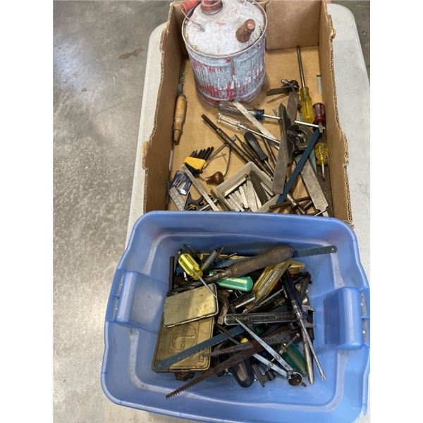 TRAY AND SMALL TOTE OF HAND TOOLS, FILES AND MORE